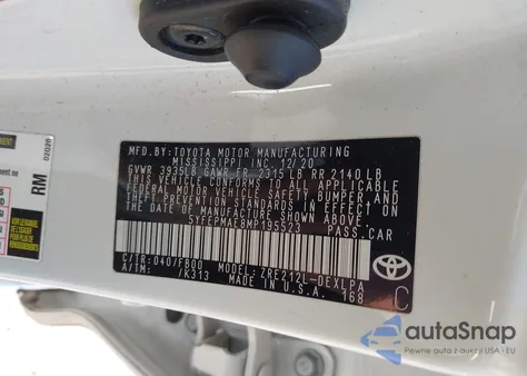 2021 Toyota Corolla Le z USA, uszkodzony, nr VIN 5YFEPMAE8MP195523